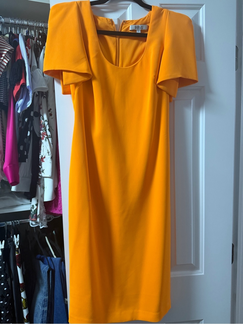 Badgley Mischka Bold Orange Midi Dress with Structured Sleeves
